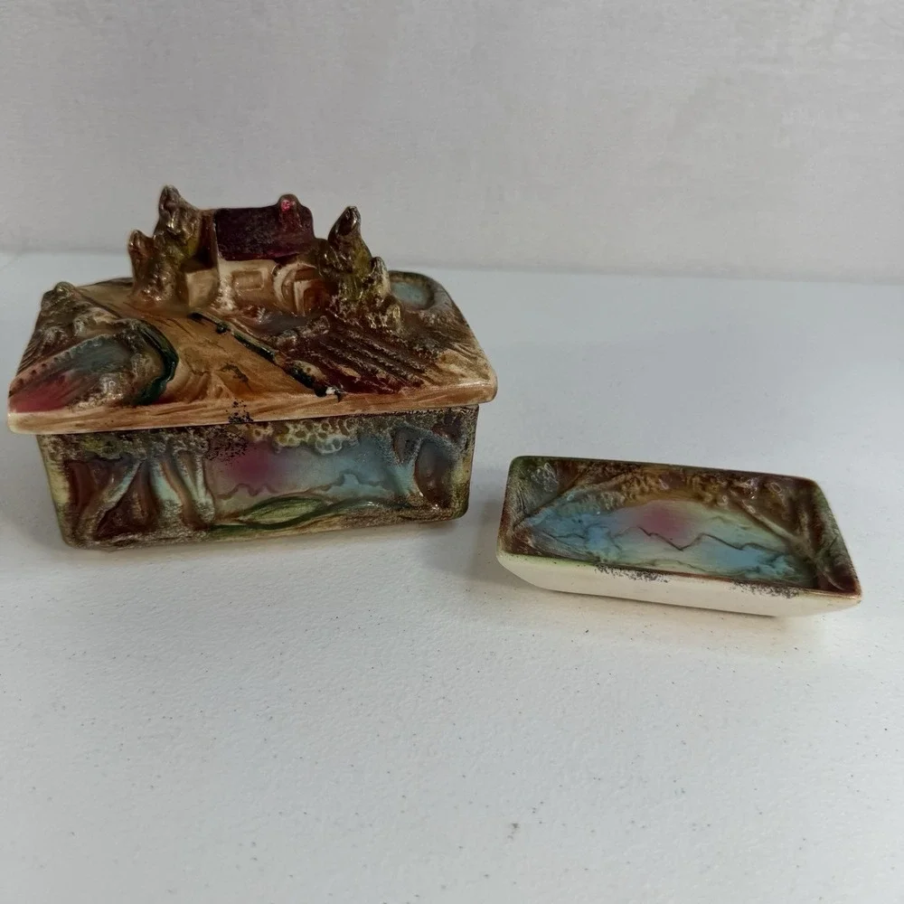 Vtg 50's Hand Paint Porcelain 3-D Trinket Jewelry Box Tray Japan Tree House Lake